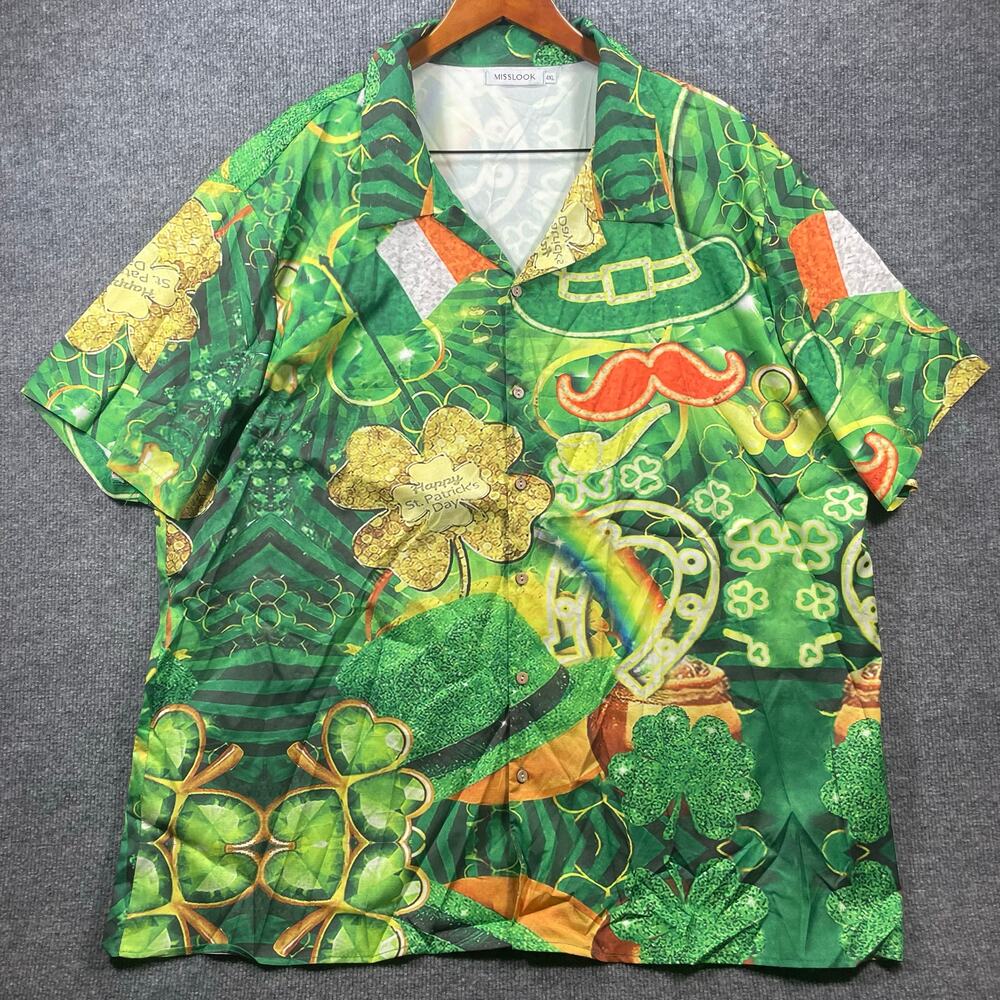 Misslook St. Patrick's Day Button Up Shirt Men's 4XL Green Geometric Allover